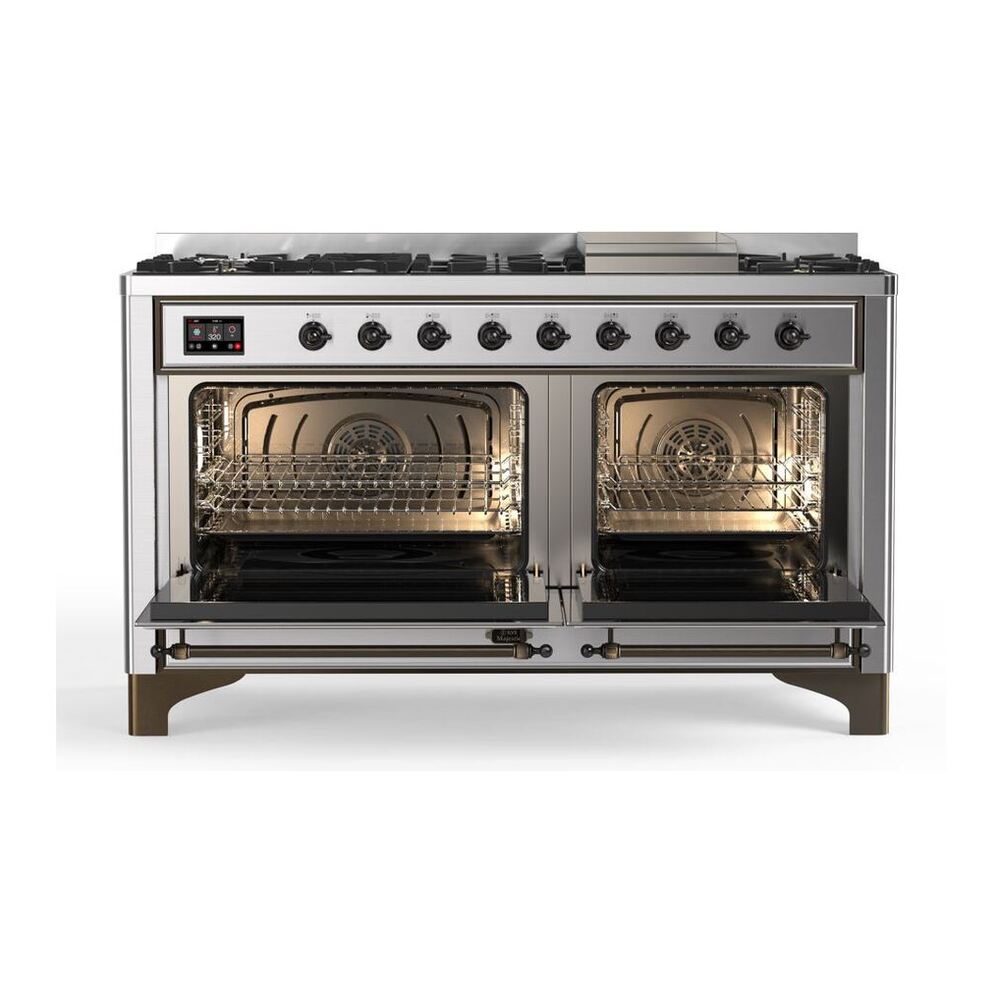 ILVE Majestic II 60 inch Solid Door Natural Gas Dual Fuel Range Burnished Stainless Steel
