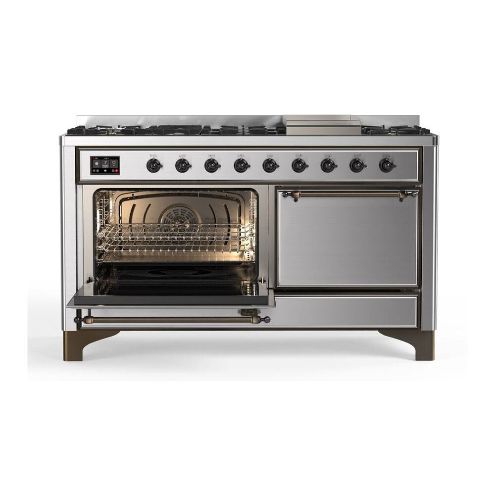 ILVE Majestic II 60 inch Solid Door Natural Gas Dual Fuel Range Burnished Stainless Steel