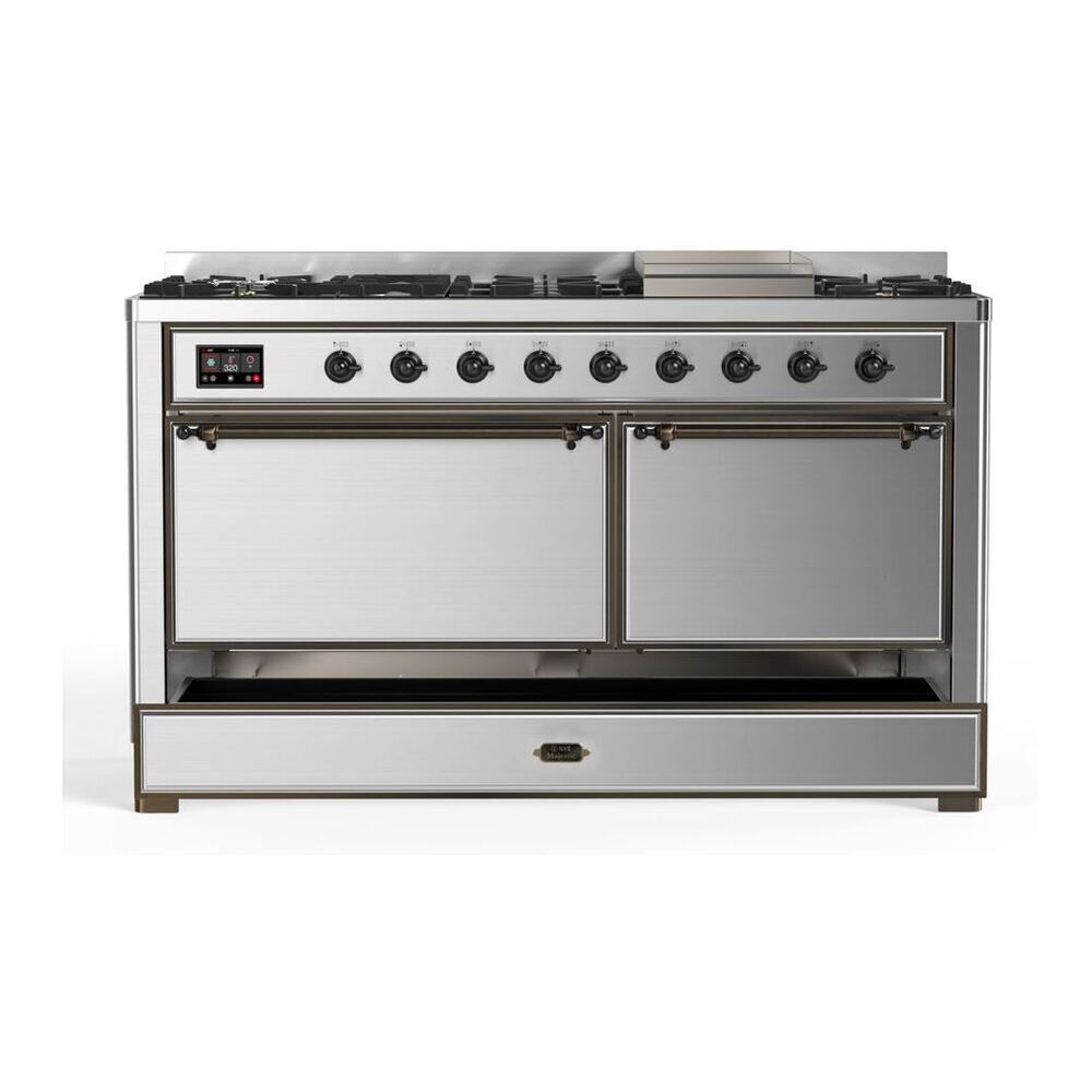 ILVE Majestic II 60 inch Solid Door Natural Gas Dual Fuel Range Burnished Stainless Steel
