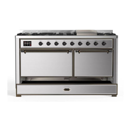 ILVE Majestic II 60 inch Solid Door Natural Gas Dual Fuel Range Burnished Stainless Steel