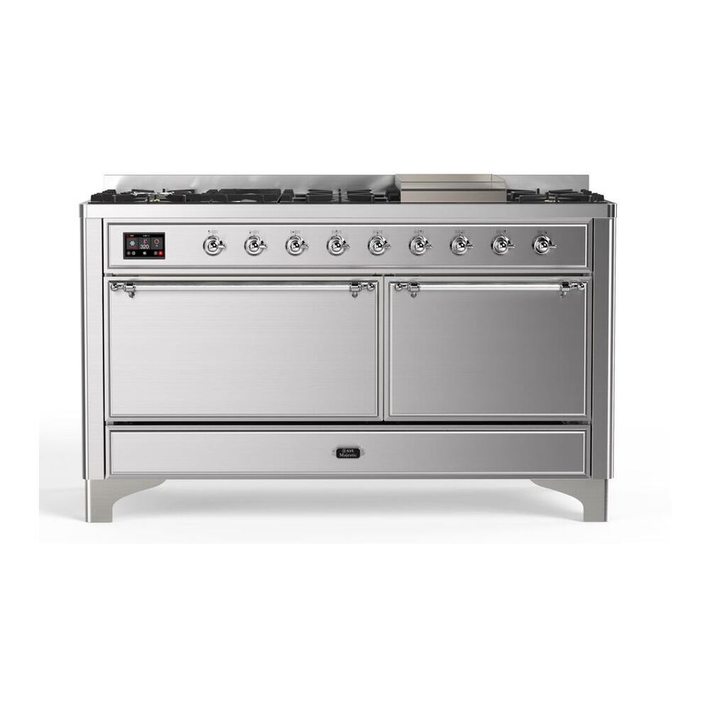 ILVE Majestic II 60 inch Solid Door Natural Gas Dual Fuel Range Chrome Stainless Steel