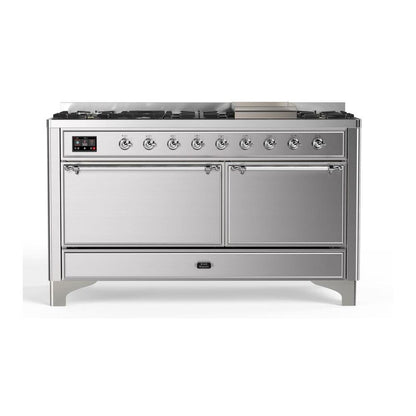 ILVE Majestic II 60 inch Solid Door Natural Gas Dual Fuel Range Chrome Stainless Steel