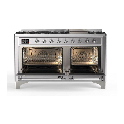ILVE Majestic II 60 inch Solid Door Natural Gas Dual Fuel Range Chrome Stainless Steel