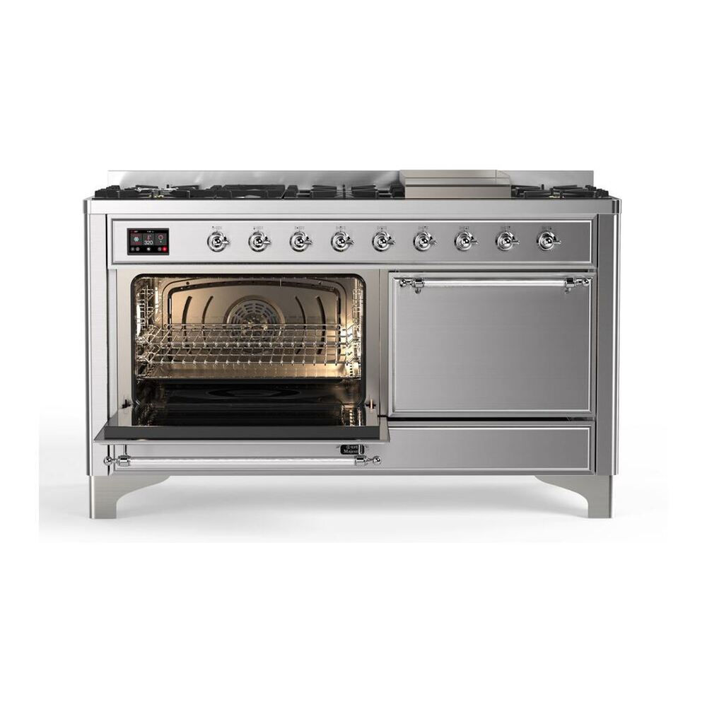 ILVE Majestic II 60 inch Solid Door Natural Gas Dual Fuel Range Chrome Stainless Steel