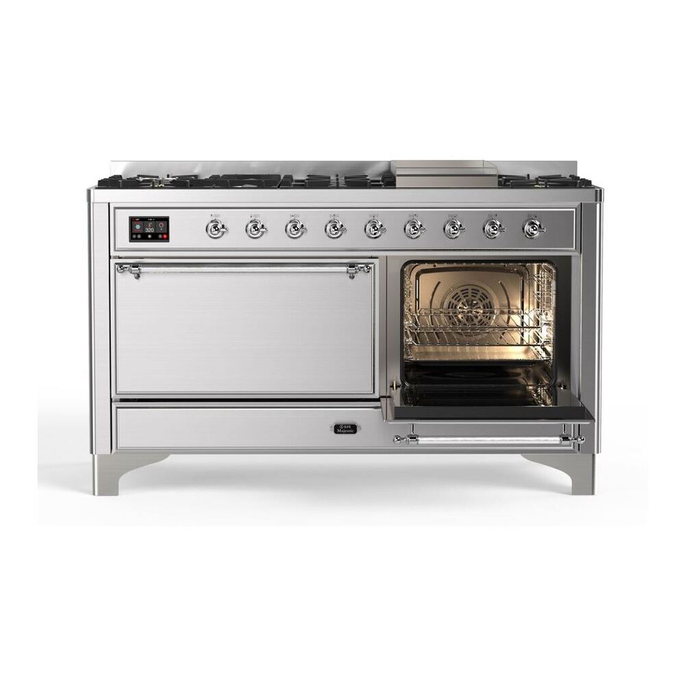 ILVE Majestic II 60 inch Solid Door Natural Gas Dual Fuel Range Chrome Stainless Steel