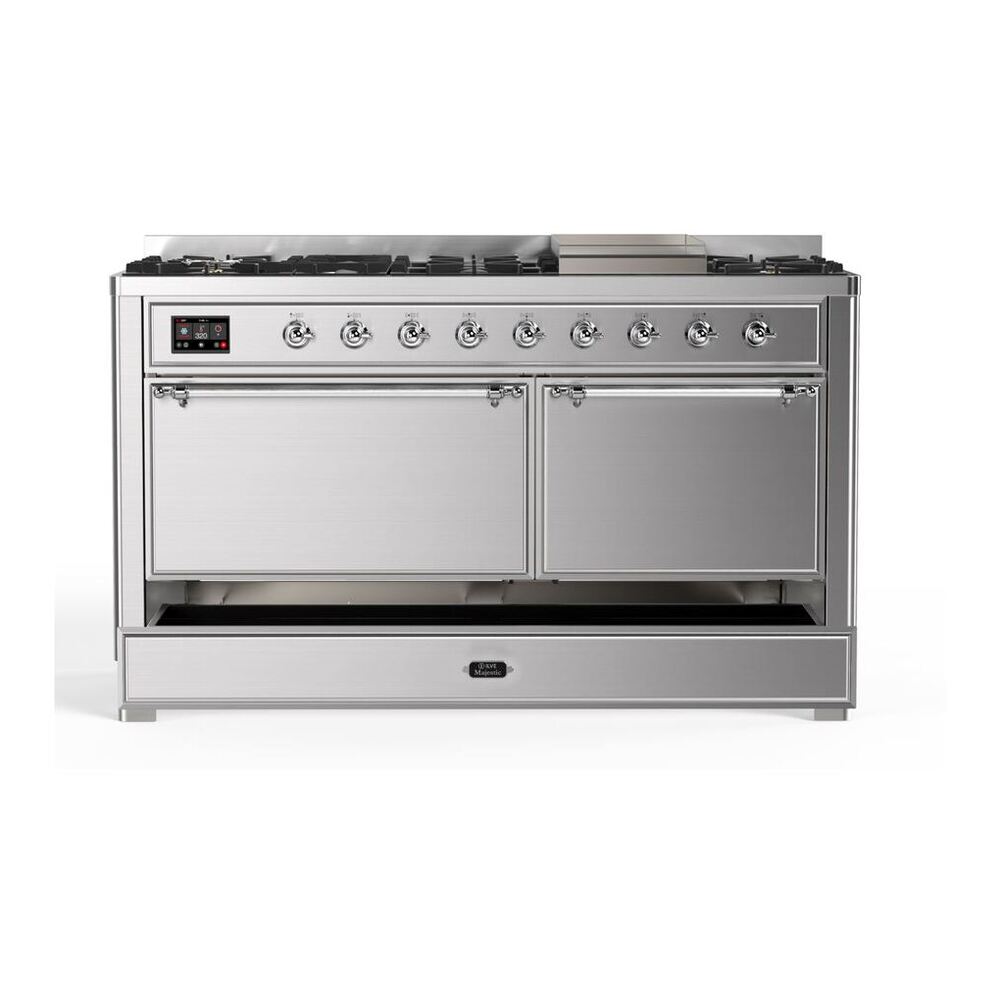 ILVE Majestic II 60 inch Solid Door Natural Gas Dual Fuel Range Chrome Stainless Steel