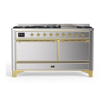 ILVE Majestic II 60 inch Solid Door Natural Gas Dual Fuel Range Brass Stainless Steel