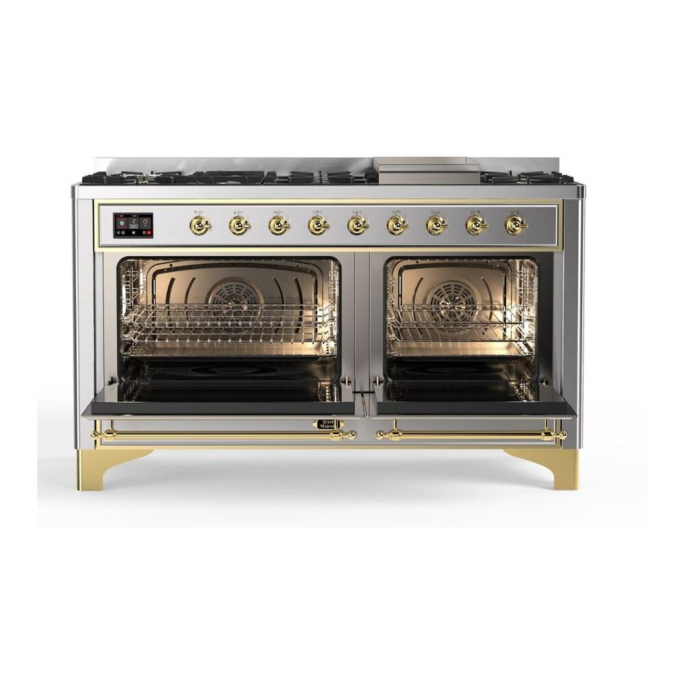 ILVE Majestic II 60 inch Solid Door Natural Gas Dual Fuel Range Brass Stainless Steel