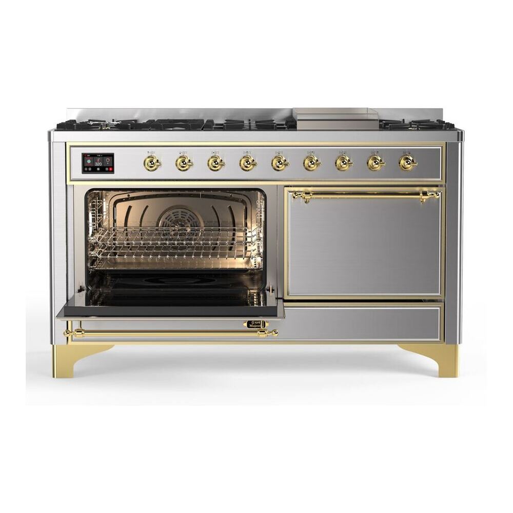 ILVE Majestic II 60 inch Solid Door Natural Gas Dual Fuel Range Brass Stainless Steel