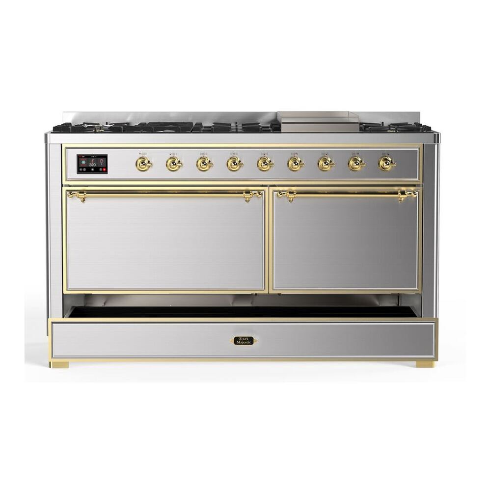 ILVE Majestic II 60 inch Solid Door Natural Gas Dual Fuel Range Brass Stainless Steel