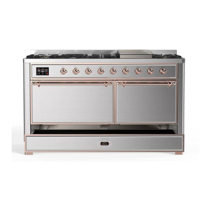 ILVE Majestic II 60 inch Solid Door Natural Gas Dual Fuel Range Copper Stainless Steel