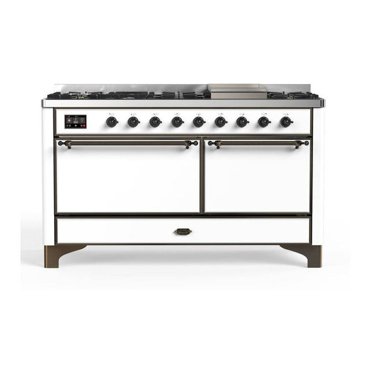 ILVE Majestic II 60" White Dual Fuel Range with 9 Burners and Griddle Solid Door Natural Gas