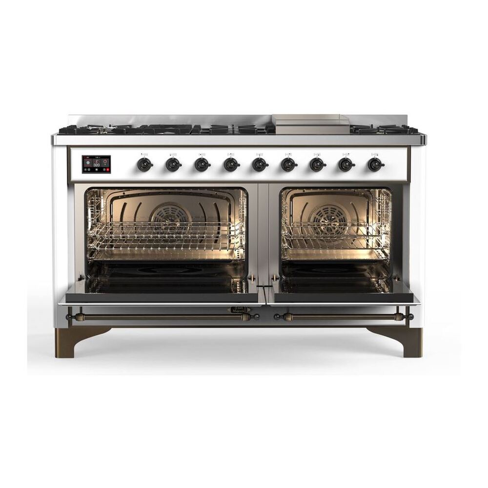 ILVE Majestic II 60 inch Solid Door Natural Gas Dual Fuel Range Burnished White