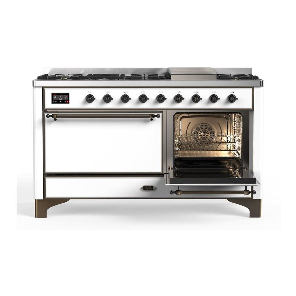 ILVE Majestic II 60 inch Solid Door Natural Gas Dual Fuel Range Burnished White