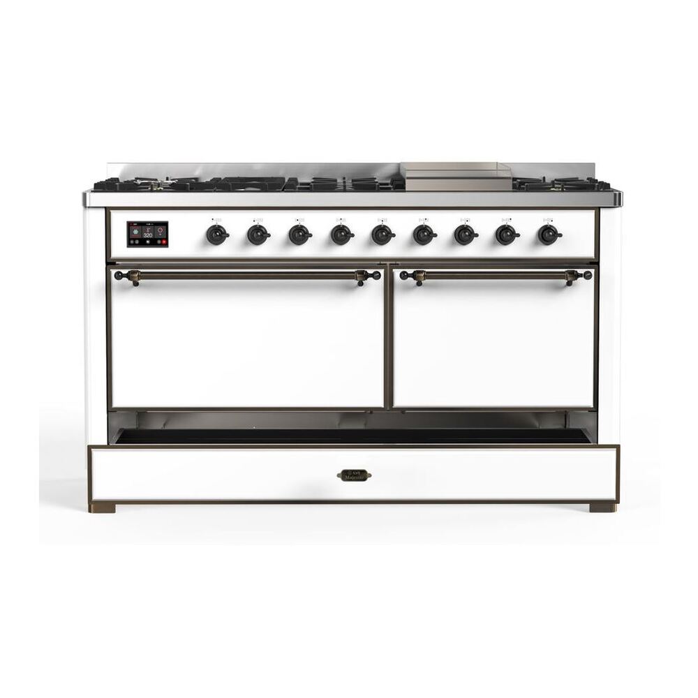 ILVE Majestic II 60 inch Solid Door Natural Gas Dual Fuel Range Burnished White
