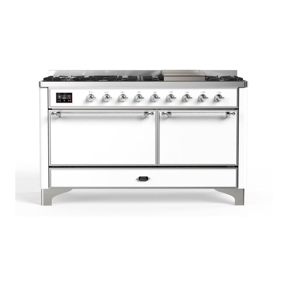 ILVE Majestic II 60 inch Solid Door Natural Gas Dual Fuel Range Chrome White