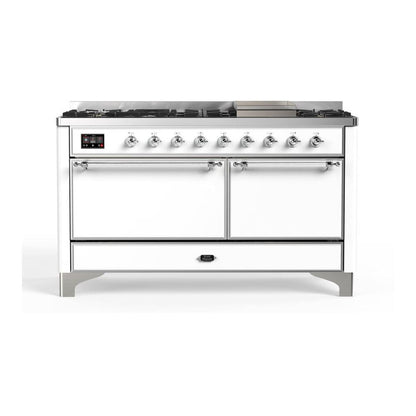 ILVE Majestic II 60 inch Solid Door Natural Gas Dual Fuel Range Chrome White