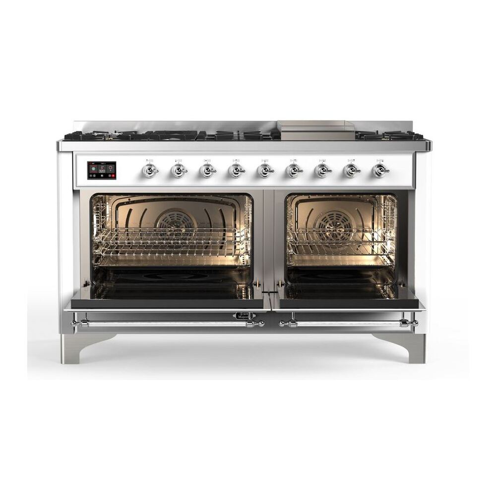 ILVE Majestic II 60 inch Solid Door Natural Gas Dual Fuel Range Chrome White