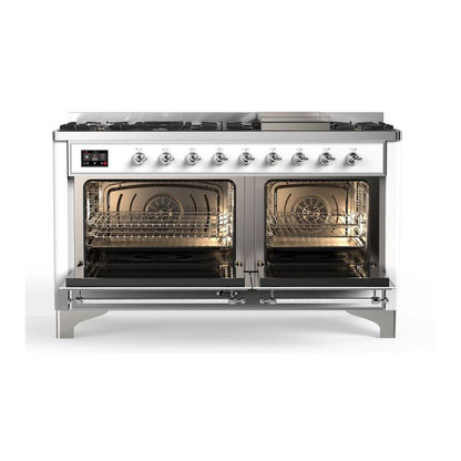 ILVE Majestic II 60 inch Solid Door Natural Gas Dual Fuel Range Chrome White