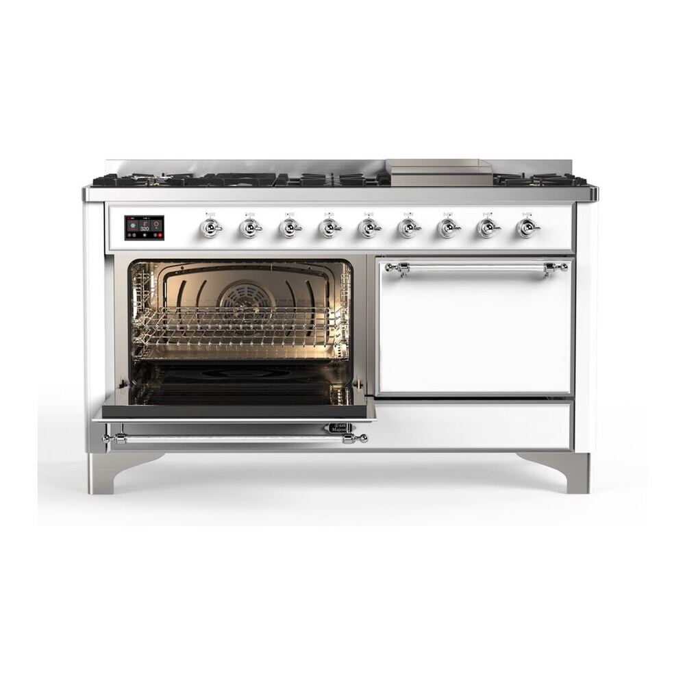 ILVE Majestic II 60 inch Solid Door Natural Gas Dual Fuel Range Chrome White