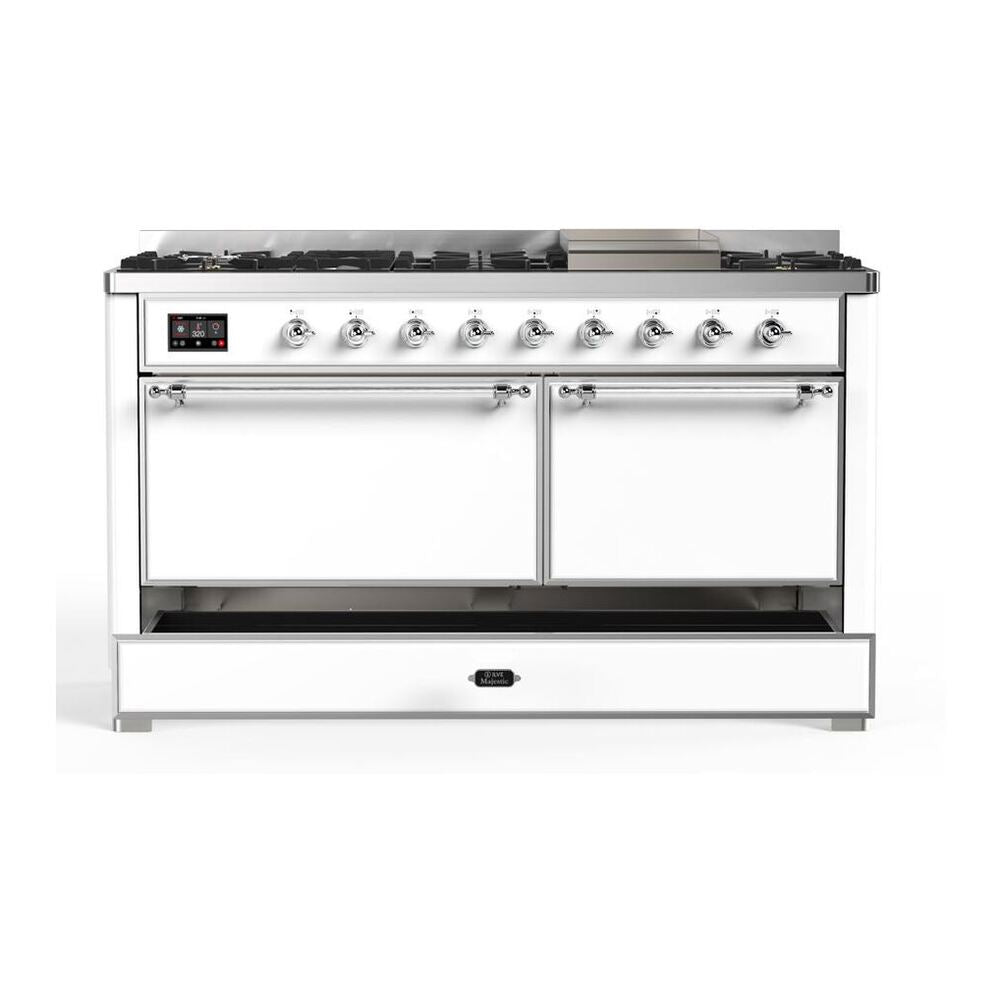 ILVE Majestic II 60 inch Solid Door Natural Gas Dual Fuel Range Chrome White