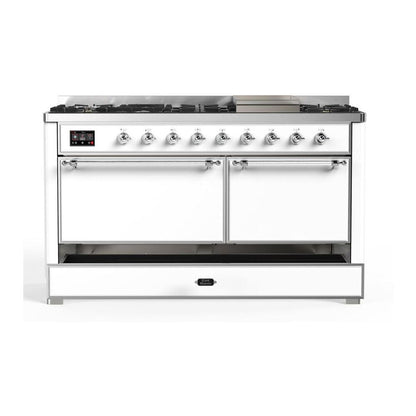 ILVE Majestic II 60 inch Solid Door Natural Gas Dual Fuel Range Chrome White