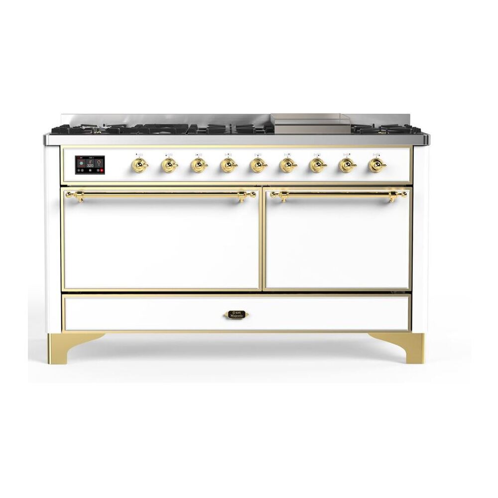 ILVE Majestic II 60 inch Solid Door Natural Gas Dual Fuel Range Brass White