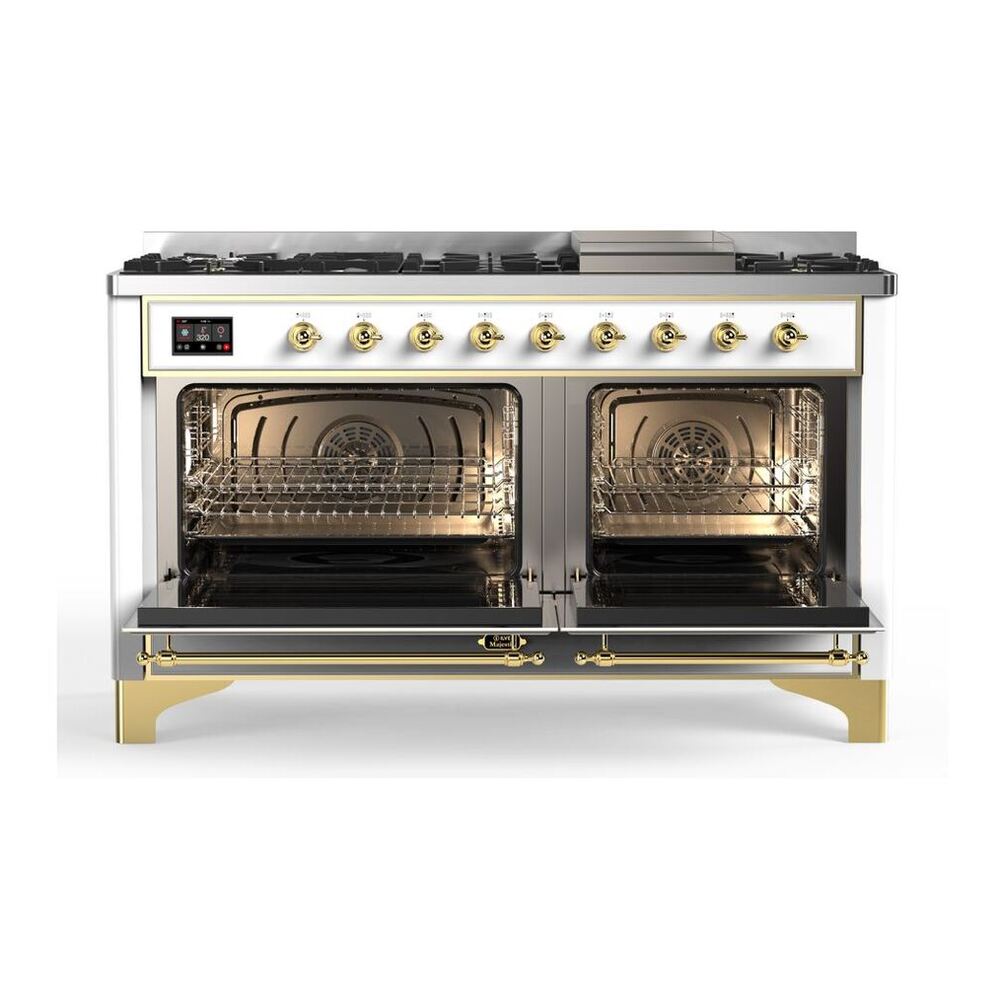 ILVE Majestic II 60 inch Solid Door Natural Gas Dual Fuel Range Brass White