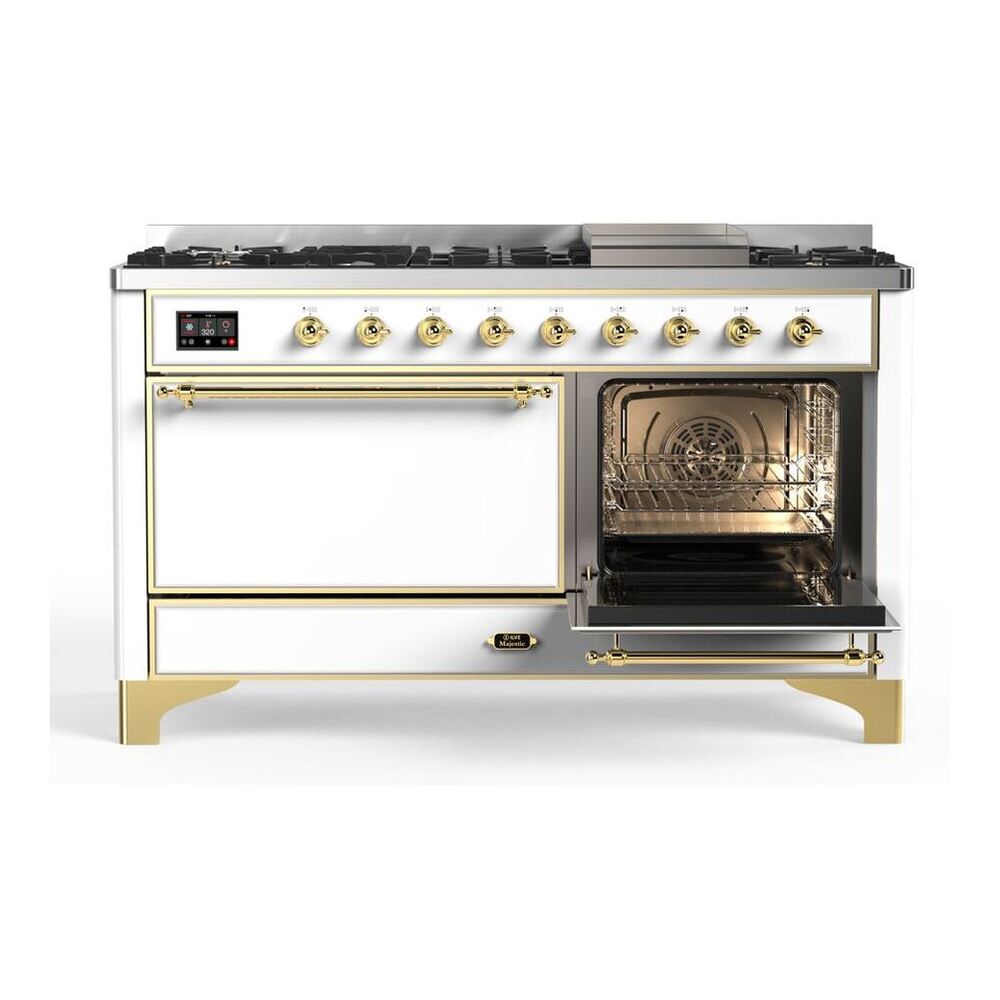 ILVE Majestic II 60 inch Solid Door Natural Gas Dual Fuel Range Brass White