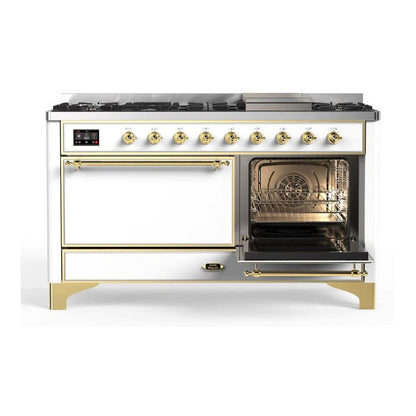 ILVE Majestic II 60 inch Solid Door Natural Gas Dual Fuel Range Brass White