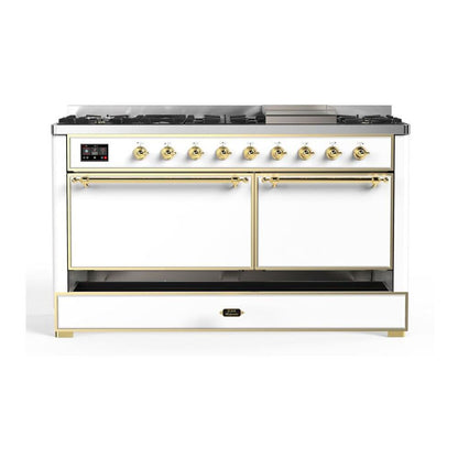 ILVE Majestic II 60 inch Solid Door Natural Gas Dual Fuel Range Brass White