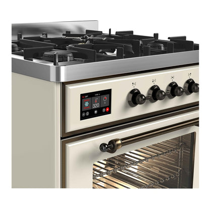 ILVE Majestic II Dual Fuel Range with 5 Black Brass Burners Natural Gas Triple Glass Door Burnished