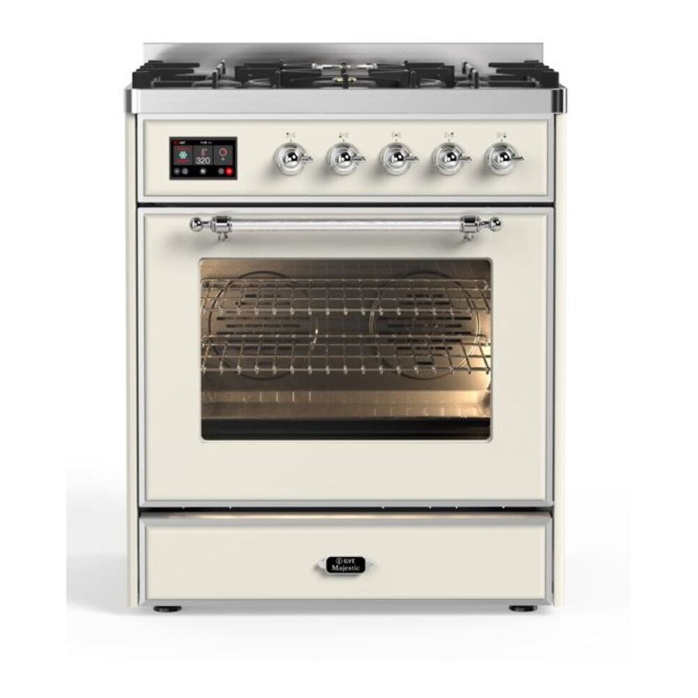 ILVE Majestic II 30 inch Triple Glass Door Natural Gas Dual Fuel Range Chrome Antique White