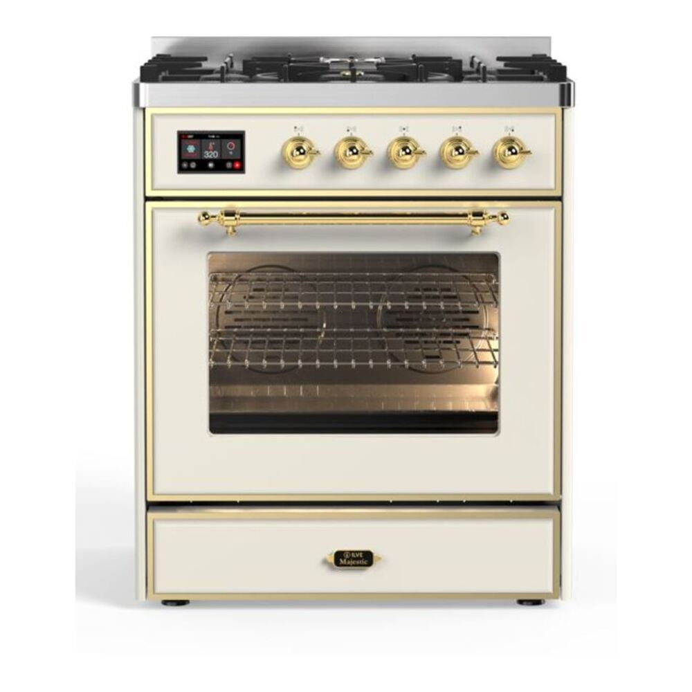 ILVE Majestic II 30 inch Triple Glass Door Natural Gas Dual Fuel Range Brass Antique White