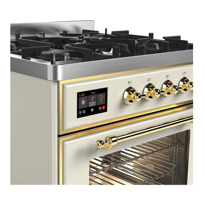 ILVE Majestic II 30 inch Triple Glass Door Natural Gas Dual Fuel Range Brass Antique White