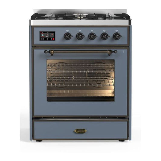 ILVE Majestic II 30" Blue Grey Dual Fuel Range with 5 Burners Triple Glass Door Natural Gas