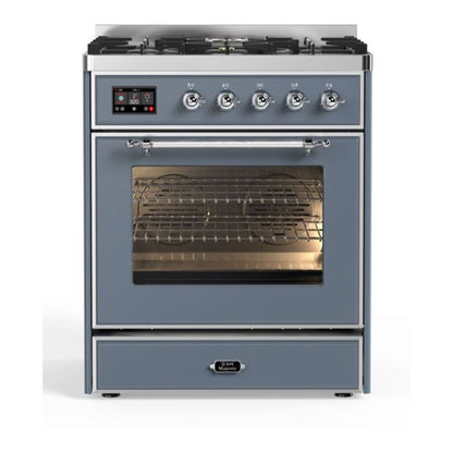 ILVE Majestic II 30 inch Triple Glass Door Natural Gas Dual Fuel Range Chrome Blue Grey