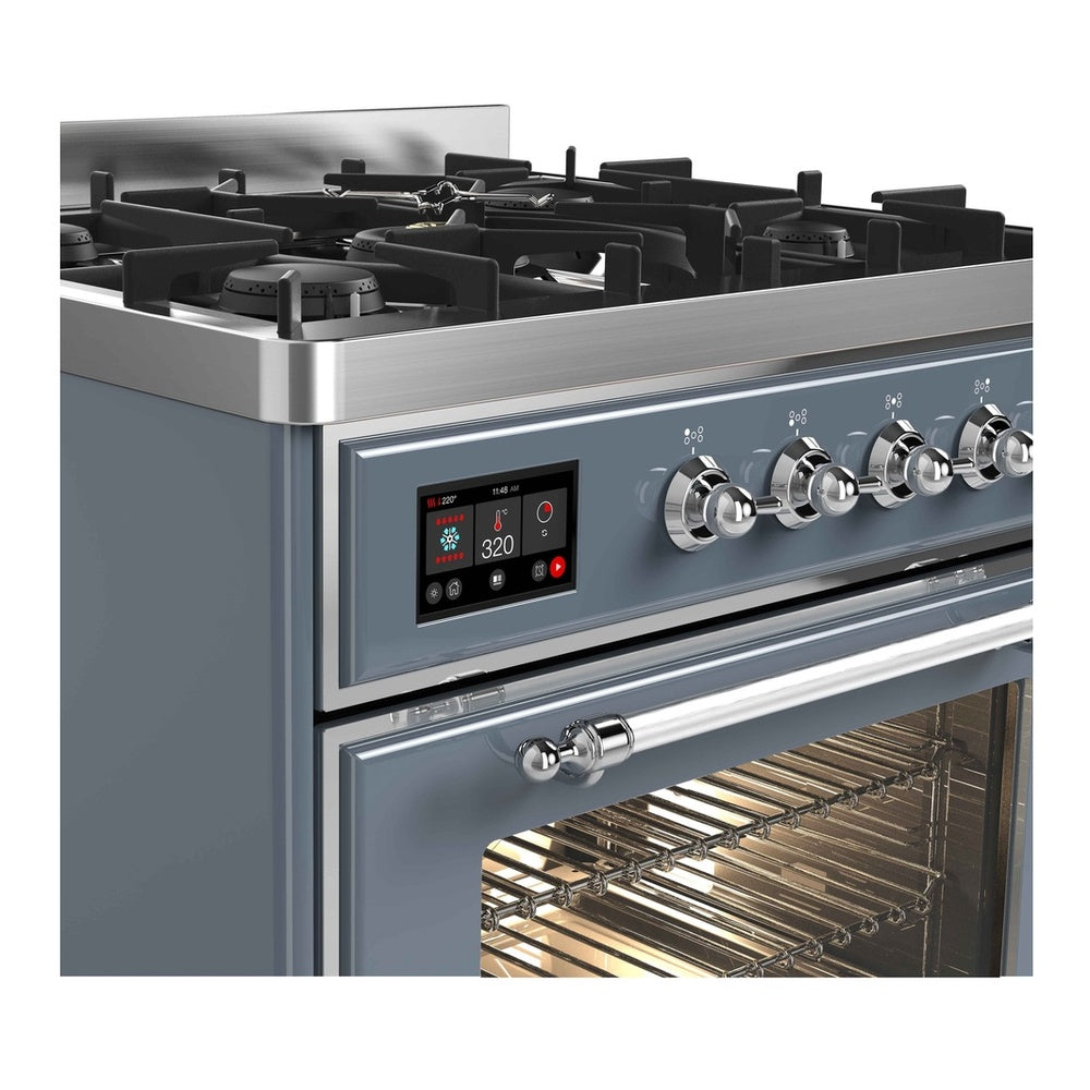 ILVE Majestic II 30 inch Triple Glass Door Natural Gas Dual Fuel Range Chrome Blue Grey