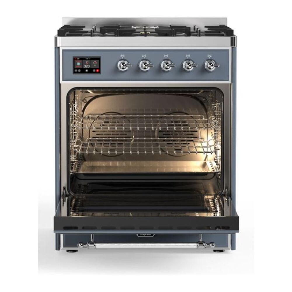 ILVE Majestic II 30 inch Triple Glass Door Natural Gas Dual Fuel Range Chrome Blue Grey