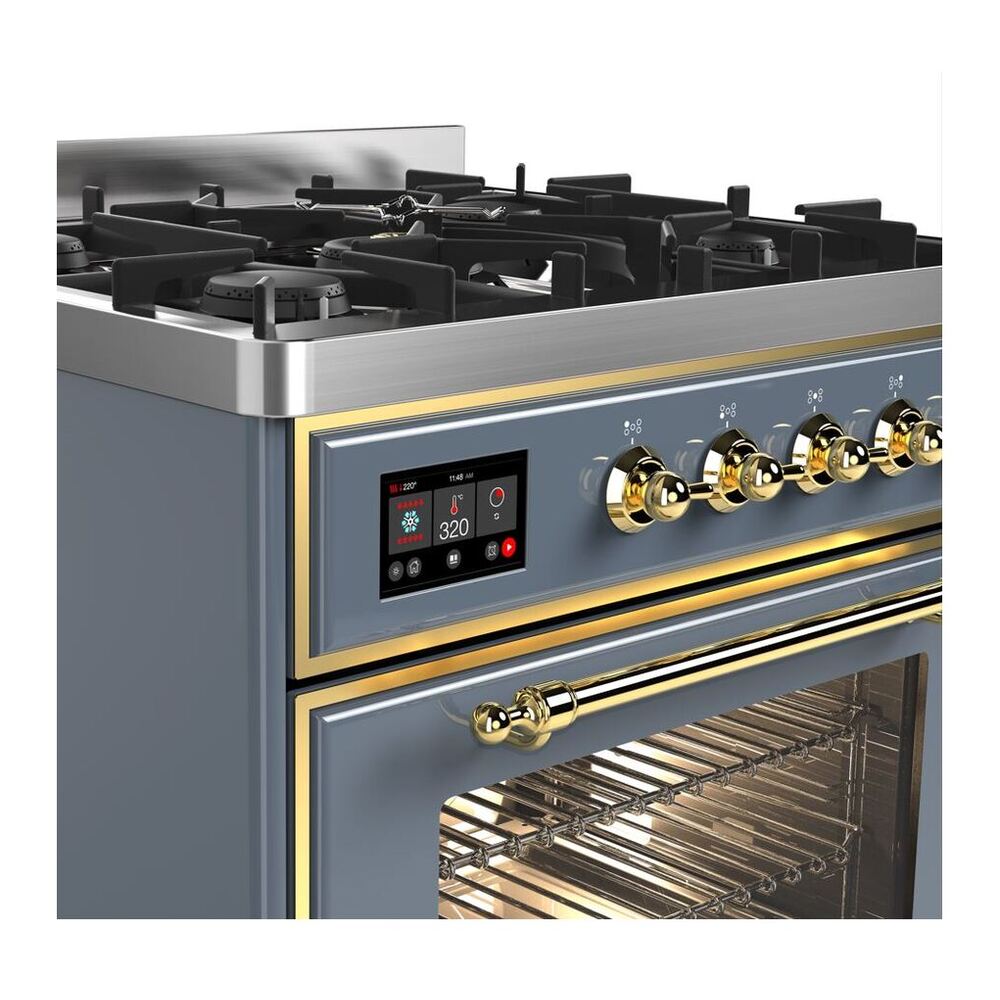 ILVE Majestic II 30 inch Triple Glass Door Natural Gas Dual Fuel Range Brass Blue Grey