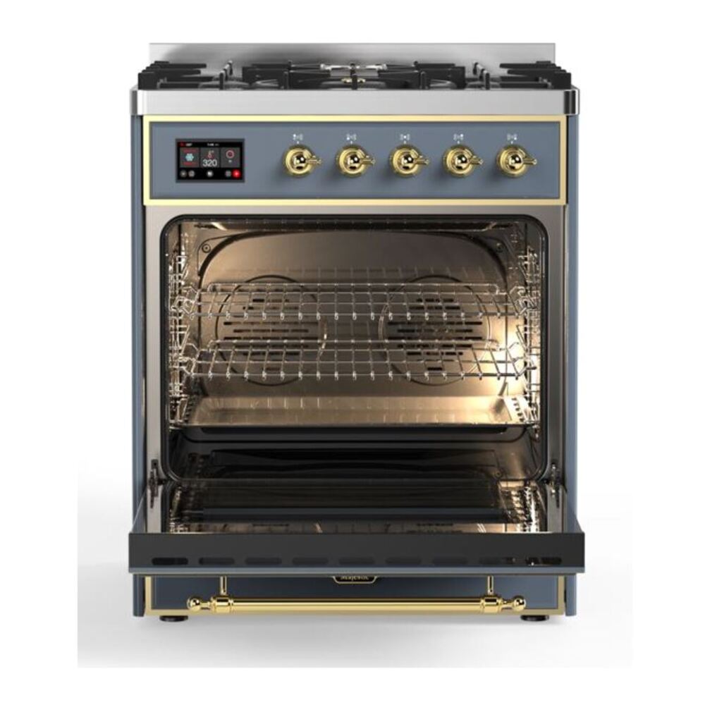 ILVE Majestic II 30 inch Triple Glass Door Natural Gas Dual Fuel Range Brass Blue Grey
