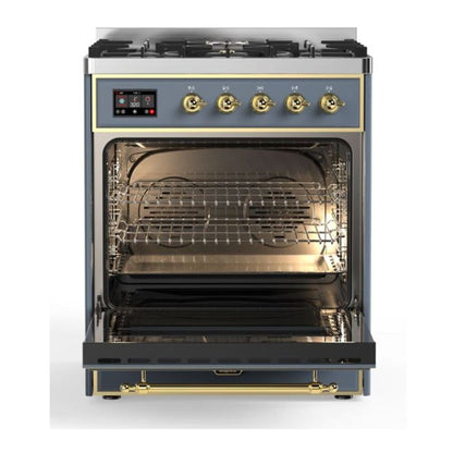 ILVE Majestic II 30 inch Triple Glass Door Natural Gas Dual Fuel Range Brass Blue Grey