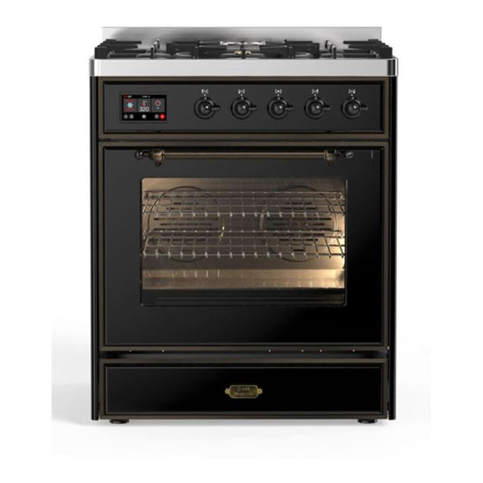ILVE Majestic II 30" Glossy Black Dual Fuel Range with 5 Burners Triple Glass Door Natural Gas