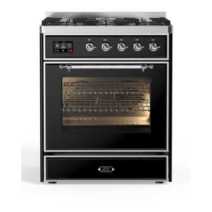 ILVE Majestic II 30 inch Triple Glass Door Natural Gas Dual Fuel Range Chrome Glossy Black