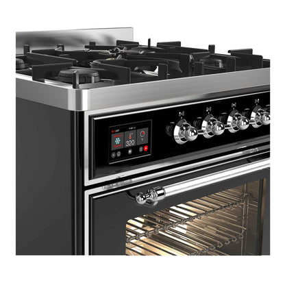 ILVE Majestic II 30 inch Triple Glass Door Natural Gas Dual Fuel Range Chrome Glossy Black