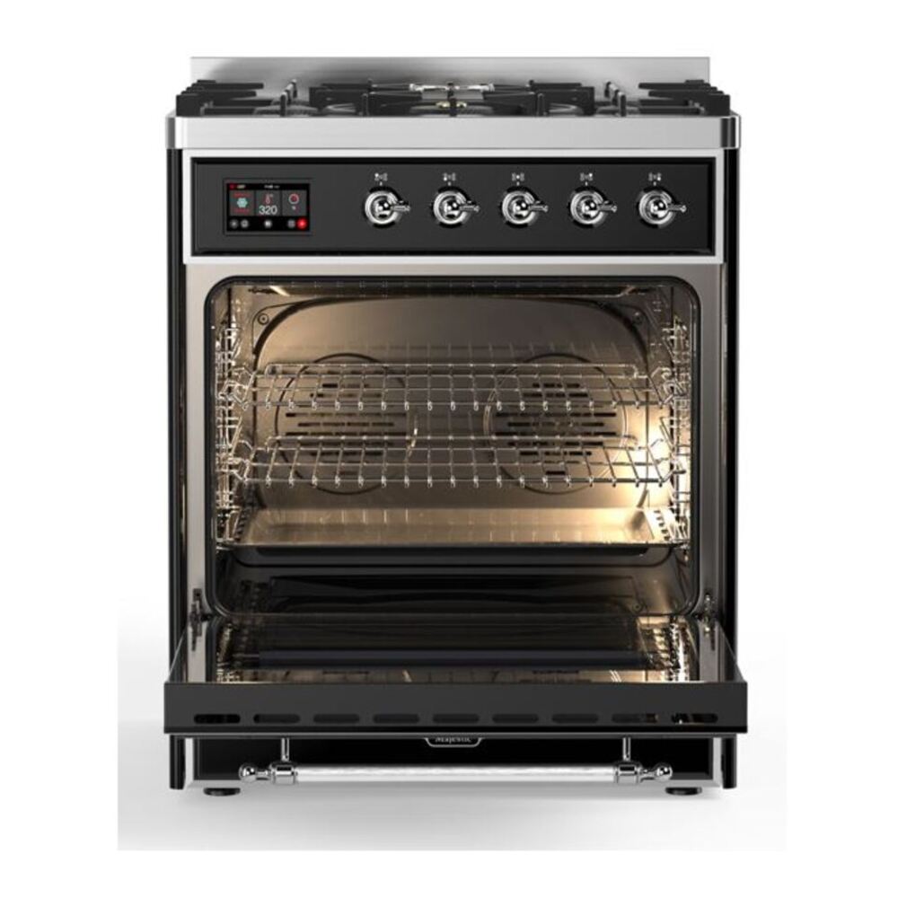 ILVE Majestic II 30 inch Triple Glass Door Natural Gas Dual Fuel Range Chrome Glossy Black