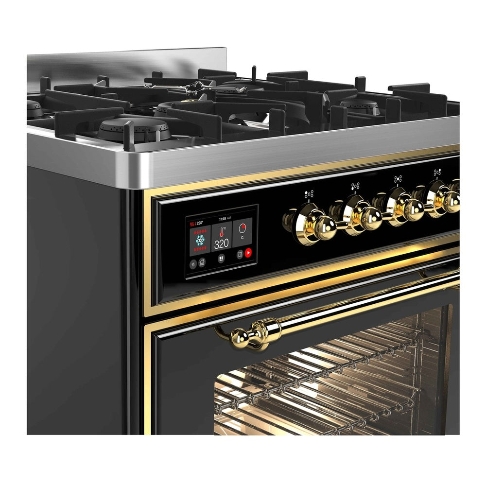 ILVE Majestic II 30 inch Triple Glass Door Natural Gas Dual Fuel Range Brass Glossy Black