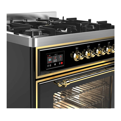 ILVE Majestic II 30 inch Triple Glass Door Natural Gas Dual Fuel Range Brass Glossy Black