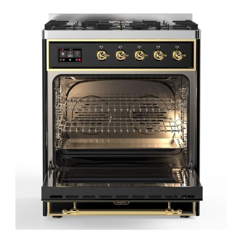 ILVE Majestic II 30 inch Triple Glass Door Natural Gas Dual Fuel Range Brass Glossy Black