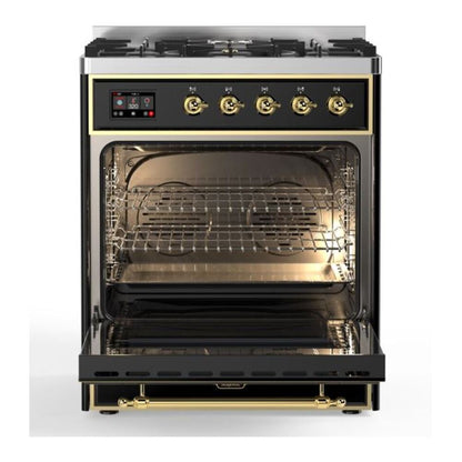 ILVE Majestic II 30 inch Triple Glass Door Natural Gas Dual Fuel Range Brass Glossy Black
